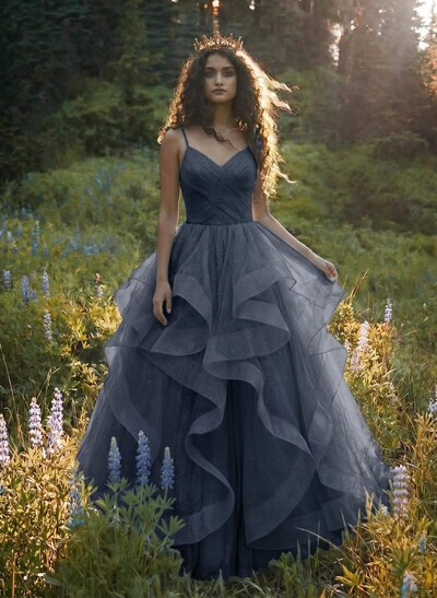 Ball-Gown V-Neck Sleeveless Tulle Floor-Length Prom Dress With Cascading Ruffles