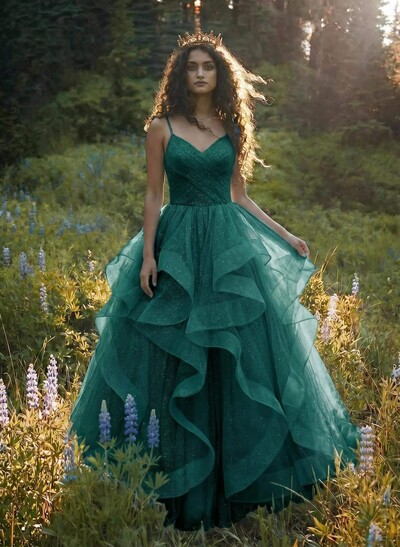 Ball-Gown V-Neck Sleeveless Tulle Floor-Length Prom Dress With Cascading Ruffles