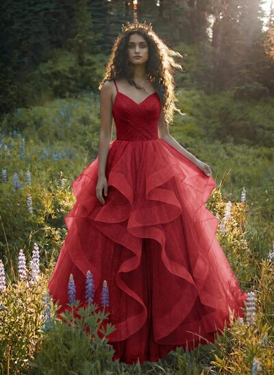 Ball-Gown V-Neck Sleeveless Tulle Floor-Length Prom Dress With Cascading Ruffles