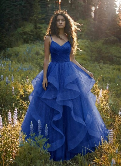 Ball-Gown V-Neck Sleeveless Tulle Floor-Length Prom Dress With Cascading Ruffles
