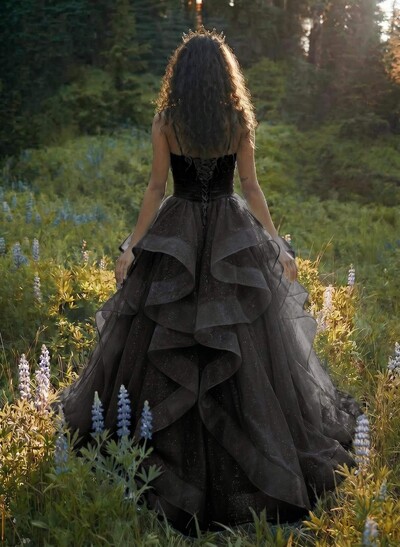 Ball-Gown V-Neck Sleeveless Tulle Floor-Length Prom Dress With Cascading Ruffles