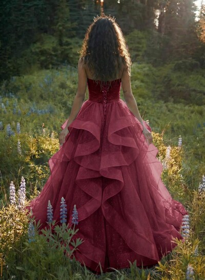 Ball-Gown V-Neck Sleeveless Tulle Floor-Length Prom Dress With Cascading Ruffles