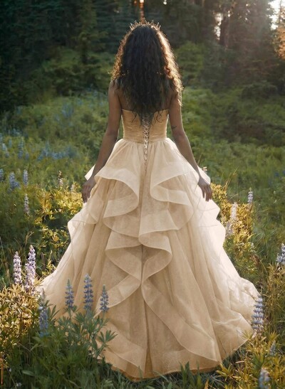Ball-Gown V-Neck Sleeveless Tulle Floor-Length Prom Dress With Cascading Ruffles