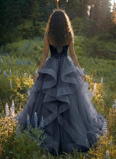 Ball-Gown V-Neck Sleeveless Tulle Floor-Length Prom Dress With Cascading Ruffles