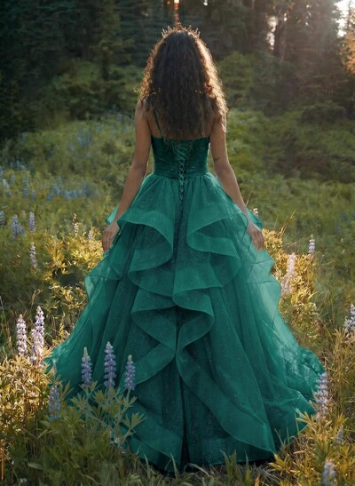 Ball-Gown V-Neck Sleeveless Tulle Floor-Length Prom Dress With Cascading Ruffles