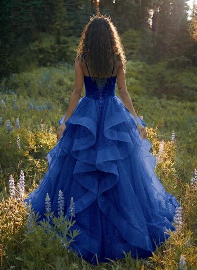 Ball-Gown V-Neck Sleeveless Tulle Floor-Length Prom Dress With Cascading Ruffles