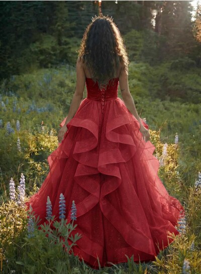 Ball-Gown V-Neck Sleeveless Tulle Floor-Length Prom Dress With Cascading Ruffles