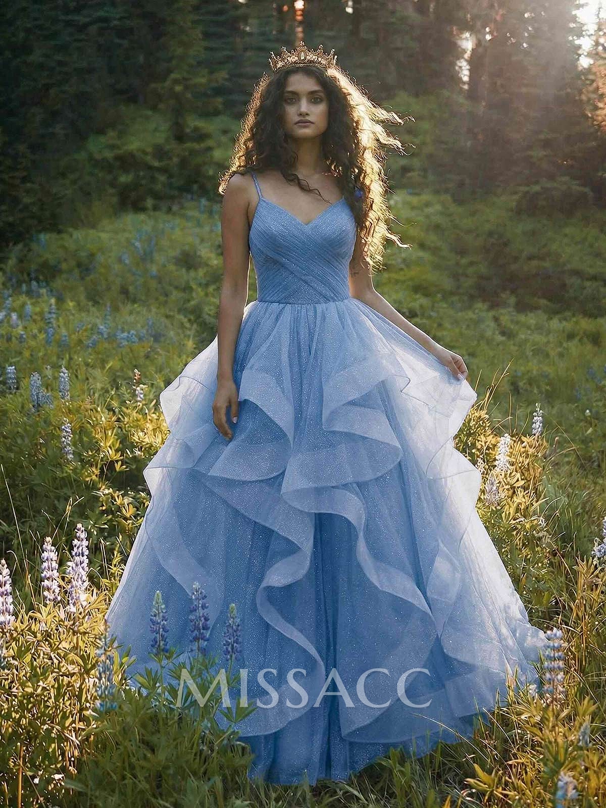 Ball-Gown V-Neck Sleeveless Tulle Floor-Length Prom Dress With Cascading Ruffles Ball-Gown V-Neck Sleeveless Tulle Floor-Length Prom Dress With Cascading Ruffles
