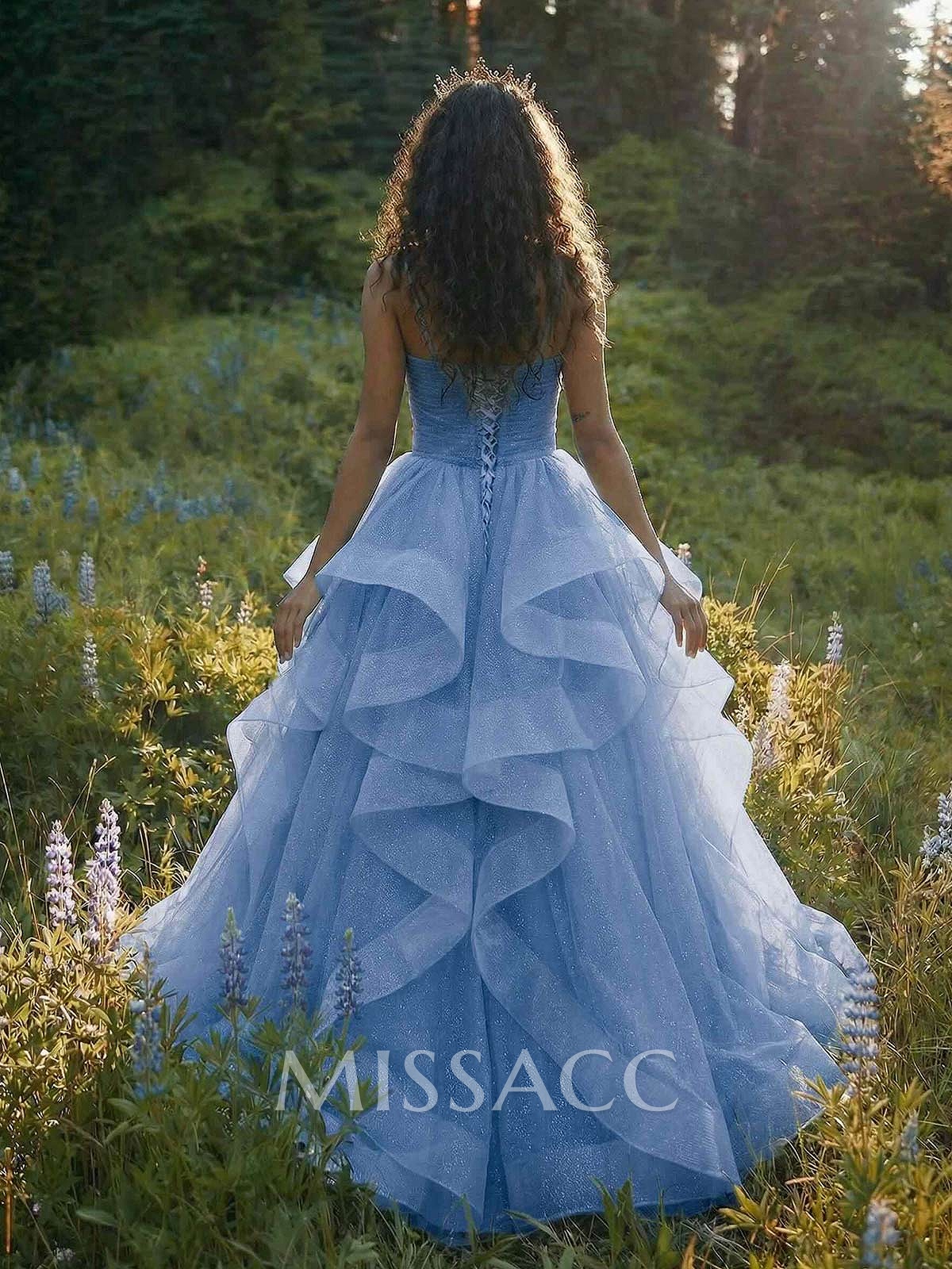 Ball-Gown V-Neck Sleeveless Tulle Floor-Length Prom Dress With Cascading Ruffles Ball-Gown V-Neck Sleeveless Tulle Floor-Length Prom Dress With Cascading Ruffles