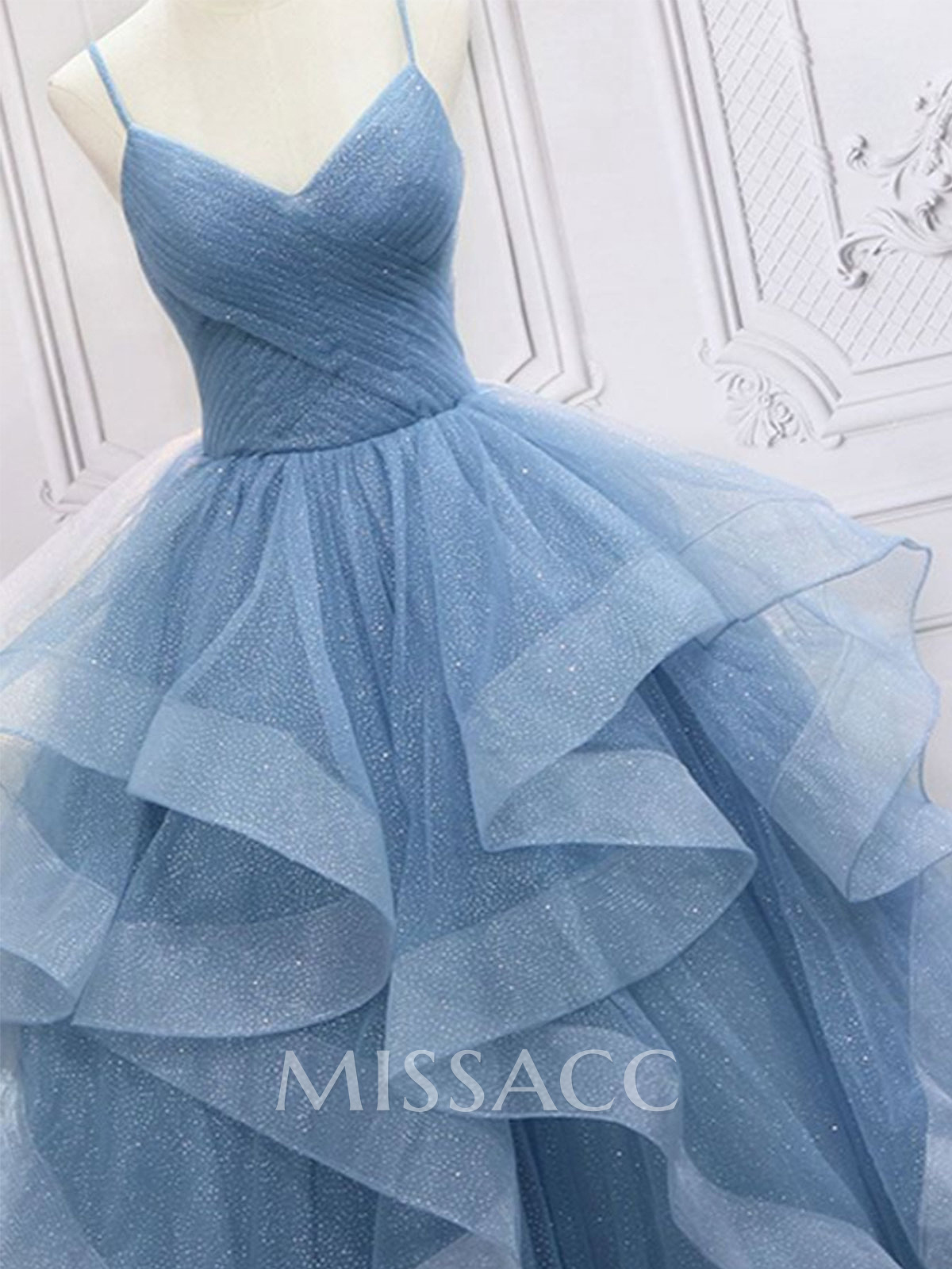 Ball-Gown V-Neck Sleeveless Tulle Floor-Length Prom Dress With Cascading Ruffles Ball-Gown V-Neck Sleeveless Tulle Floor-Length Prom Dress With Cascading Ruffles