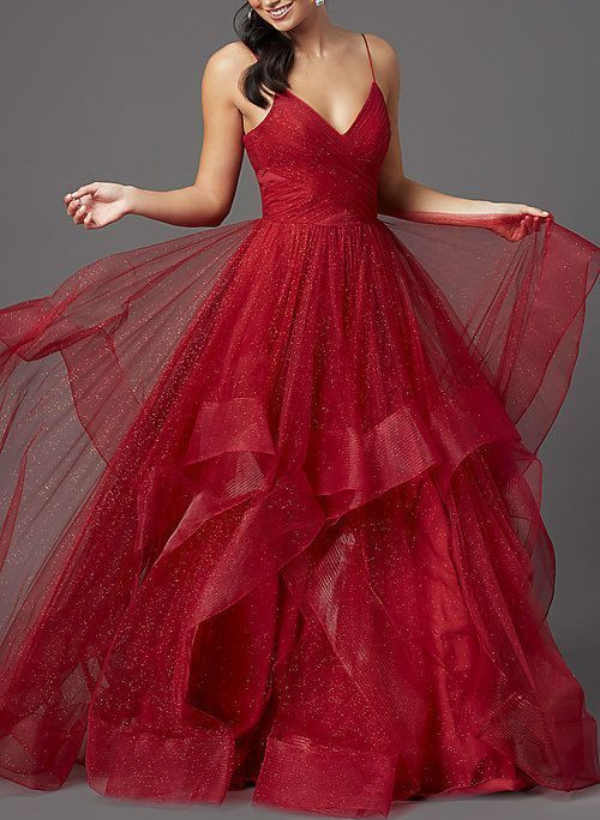 A-Line V-Neck Sleeveless Tulle Floor-Length Prom Dress With Cascading Ruffles