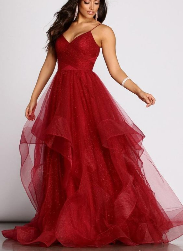 A-Line V-Neck Sleeveless Tulle Floor-Length Prom Dress With Cascading Ruffles