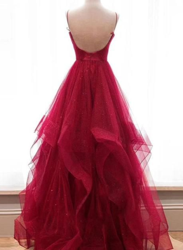 A-Line V-Neck Sleeveless Tulle Floor-Length Prom Dress With Cascading Ruffles