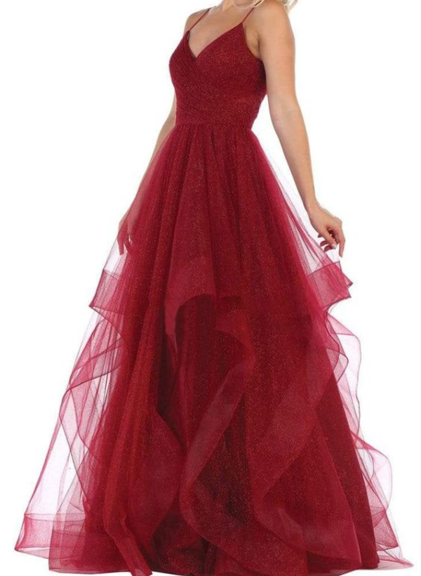 A-Line V-Neck Sleeveless Tulle Floor-Length Prom Dress With Cascading Ruffles