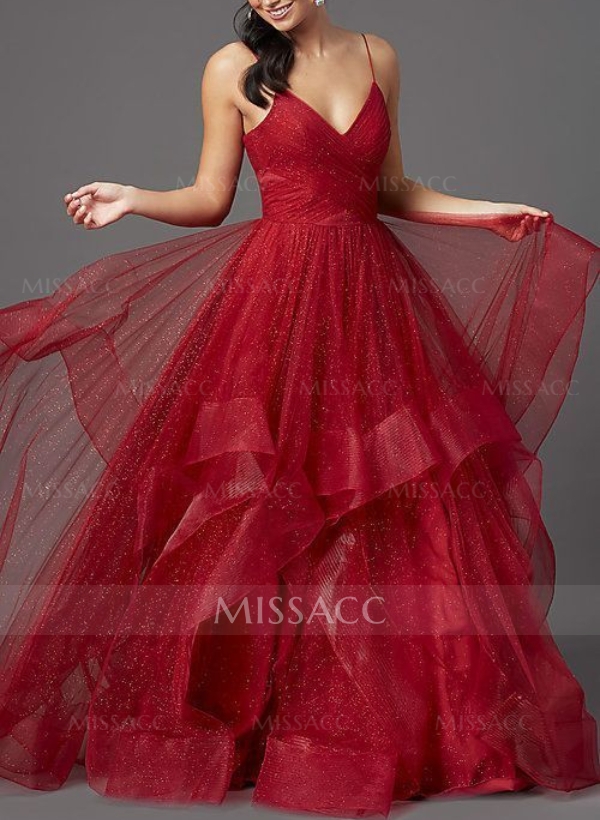 A-Line V-Neck Sleeveless Tulle Floor-Length Prom Dress With Cascading Ruffles