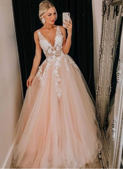 Ball-Gown V-neck Sleeveless Tulle Floor-Length Prom Dress With Lace