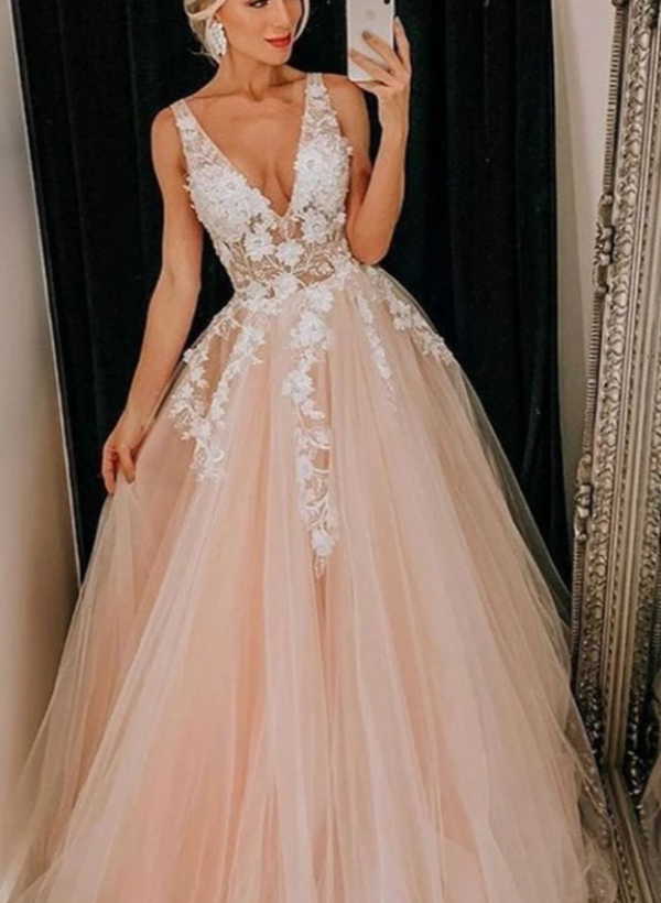 Ball-Gown V-neck Sleeveless Tulle Floor-Length Prom Dress With Lace