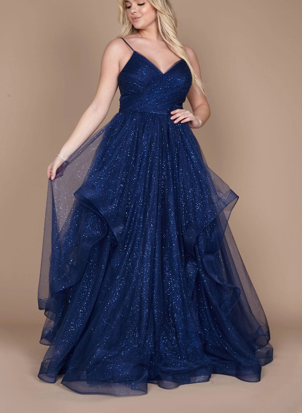 A-Line V-Neck Floor-Length Tulle Sleeveless Prom Dress