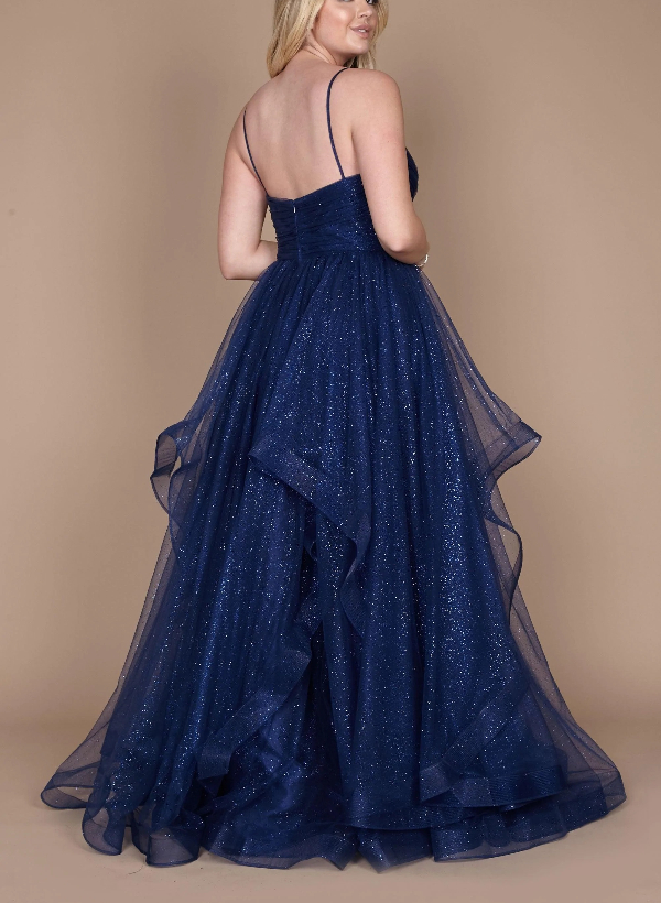 A-Line V-Neck Floor-Length Tulle Sleeveless Prom Dress