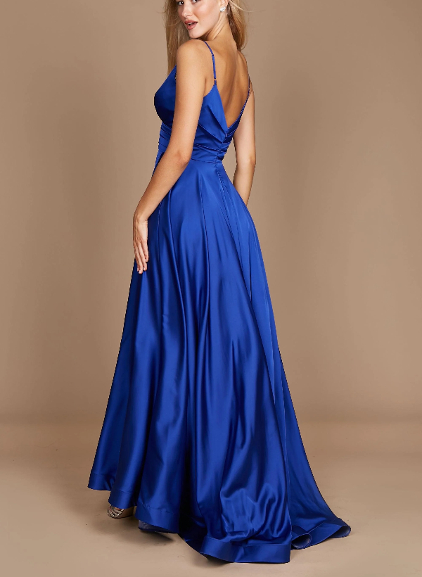 A-Line V-neck Sleeveless Satin Floor-Length Prom Dress With Ruffle