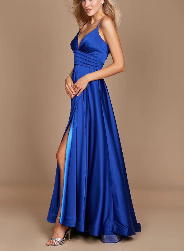 A-Line V-neck Sleeveless Satin Floor-Length Prom Dress With Ruffle