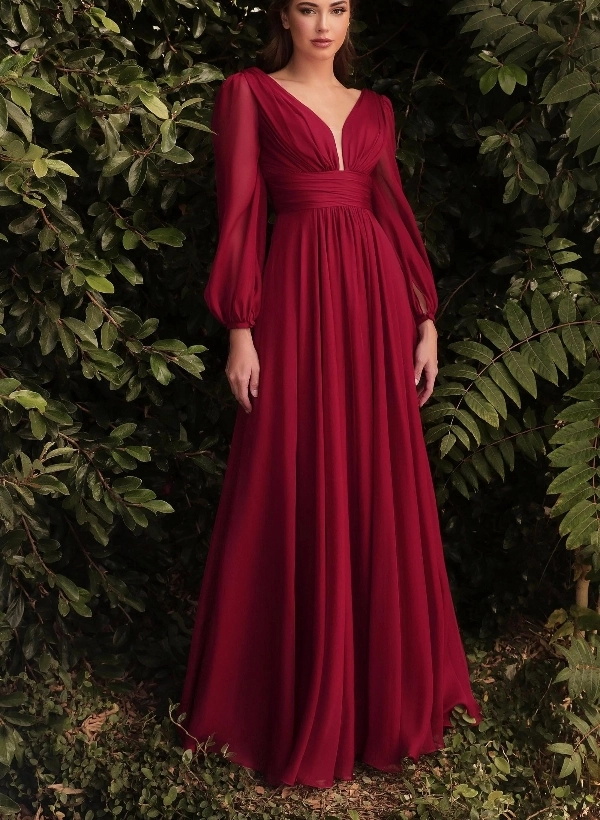 A-Line V-neck Long Sleeves Chiffon Floor-Length Prom Dress With Ruffle