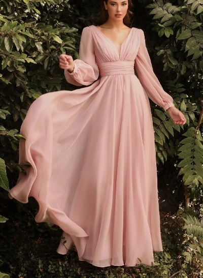 A-Line V-Neck Long Sleeves Chiffon Floor-Length Prom Dress With Ruffle