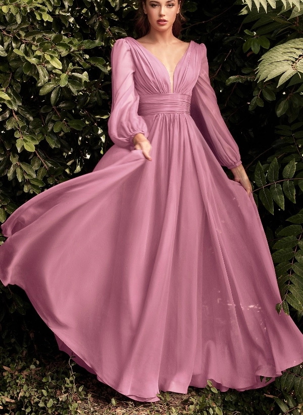 A-Line V-neck Long Sleeves Chiffon Floor-Length Prom Dress With Ruffle