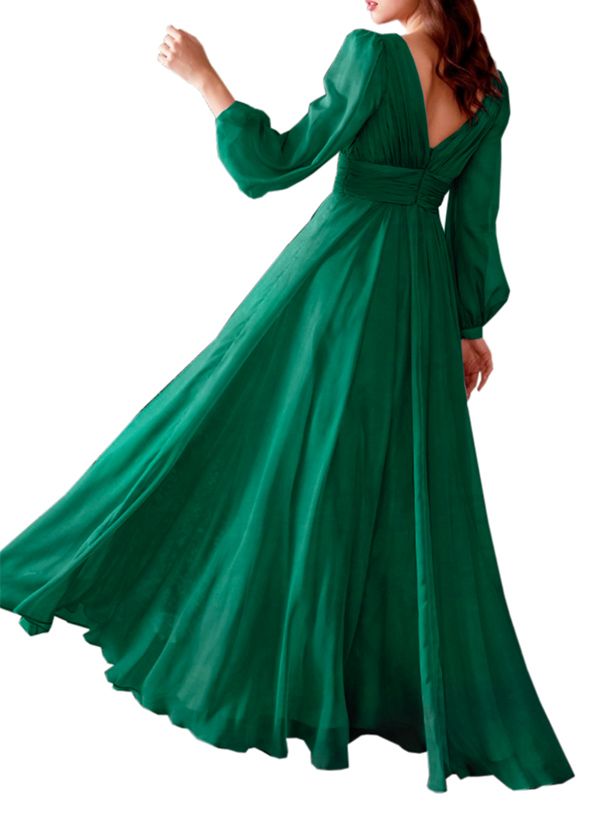 A-Line V-Neck Long Sleeves Chiffon Floor-Length Prom Dress With Ruffle