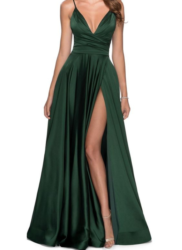 A-Line V-neck Sleeveless Satin Floor-Length Prom Dress With Ruffle