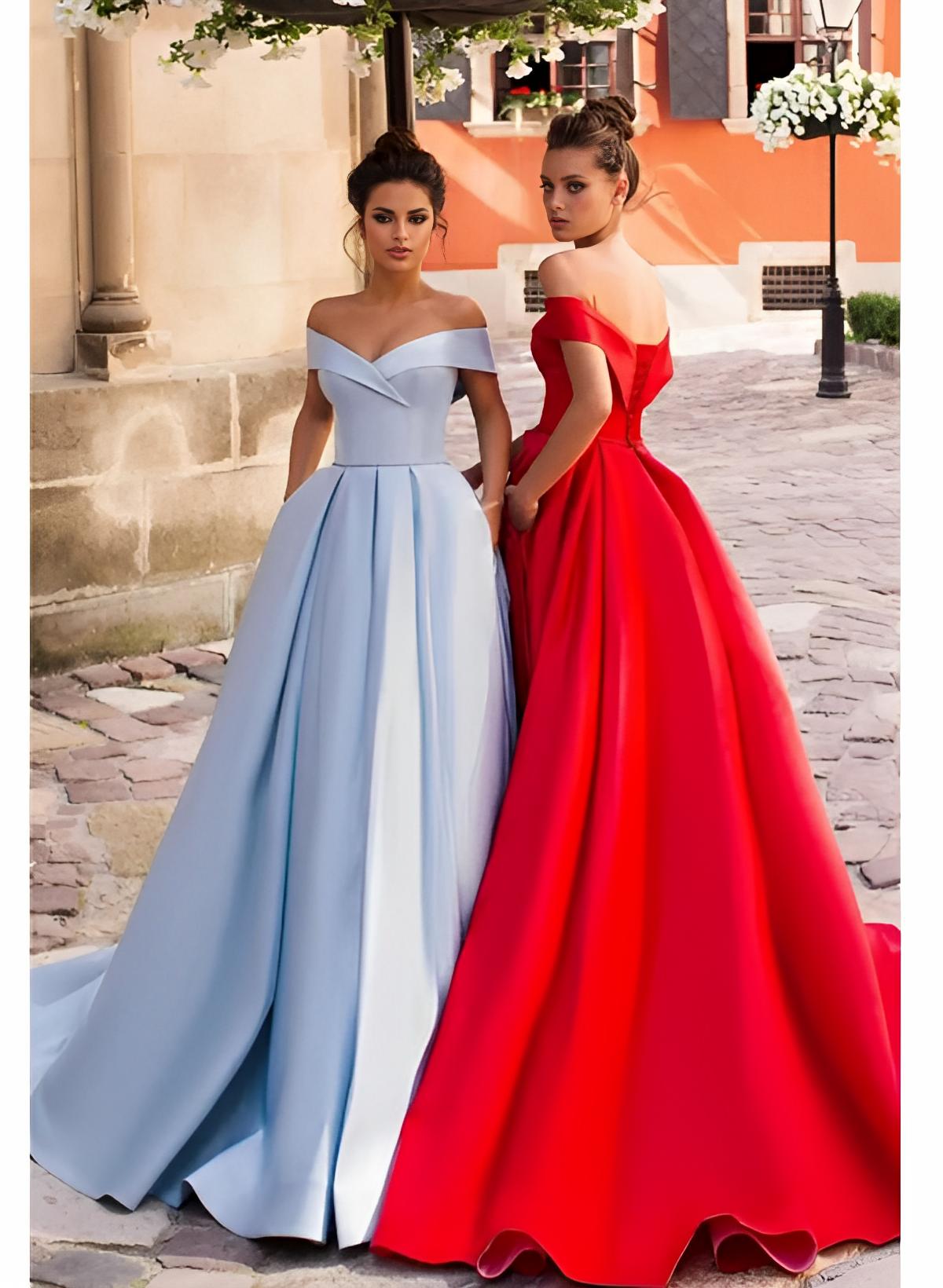 Ball-Gown Off-the-Shoulder Sleeveless Satin Sweep Train Prom Dress/Evening Dress