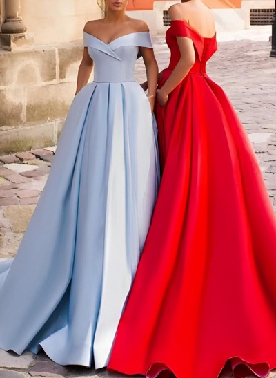 Ball-Gown Off-The-Shoulder Sleeveless Court Train Satin Prom Dresses