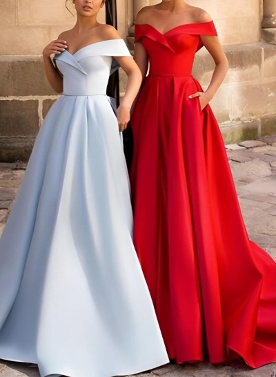Ball-Gown Off-The-Shoulder Sleeveless Court Train Satin Prom Dresses
