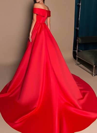 Ball-Gown Off-The-Shoulder Sleeveless Court Train Satin Prom Dresses