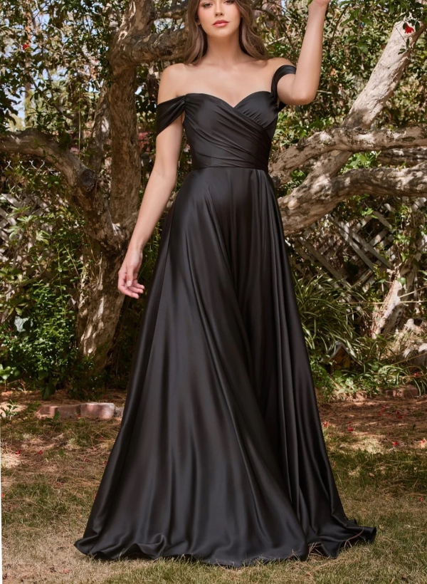 A-Line Off-the-Shoulder Sleeveless Satin Floor-Length Prom Dress