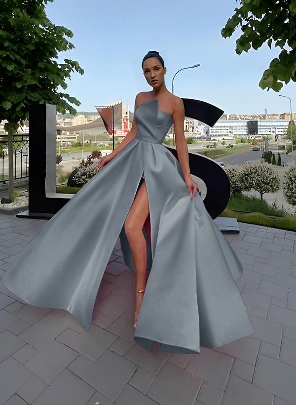 A-Line Short Sleeveless Satin Floor-Length Prom Dress