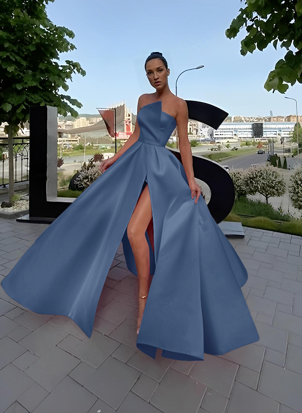 A-Line Short Sleeveless Satin Floor-Length Prom Dress