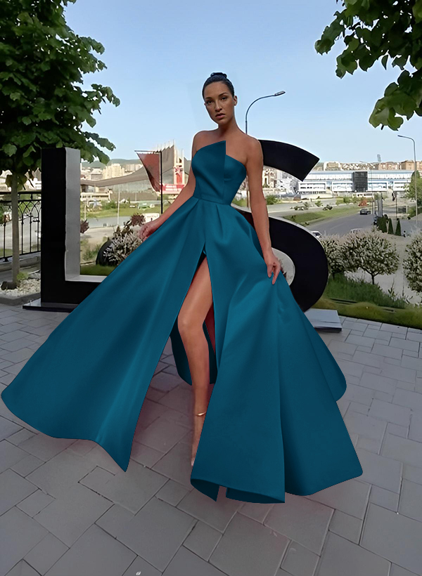 A-Line Short Sleeveless Satin Floor-Length Prom Dress