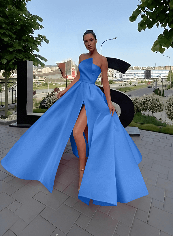 A-Line Short Sleeveless Satin Floor-Length Prom Dress
