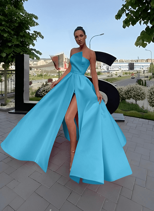 A-Line Short Sleeveless Satin Floor-Length Prom Dress