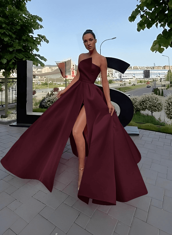 A-Line Short Sleeveless Satin Floor-Length Prom Dress