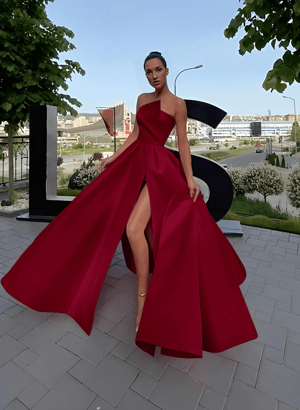 A-Line Short Sleeveless Satin Floor-Length Prom Dress