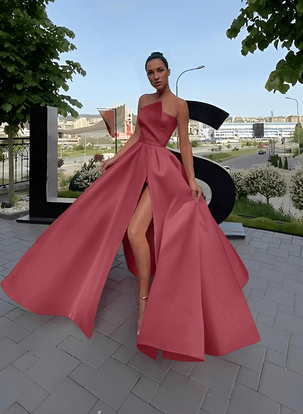 A-Line Short Sleeveless Satin Floor-Length Prom Dress