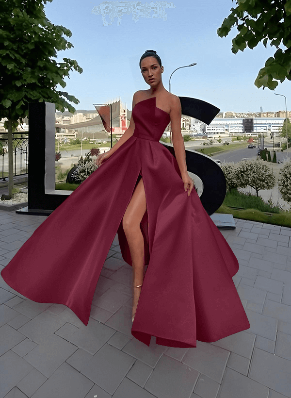 A-Line Short Sleeveless Satin Floor-Length Prom Dress