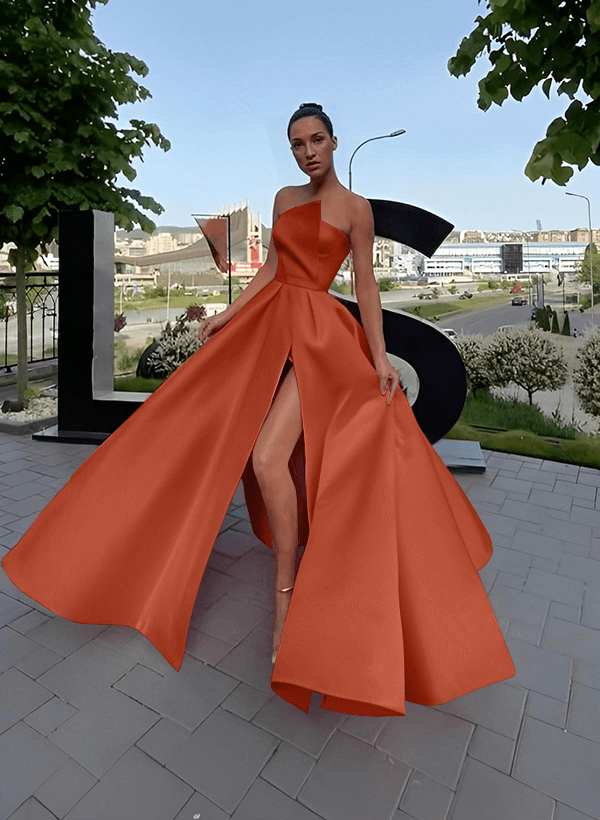 A-Line Short Sleeveless Satin Floor-Length Prom Dress