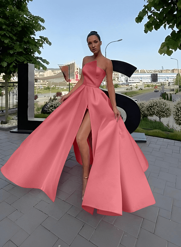 Kurzes, Ärmelloses, Bodenlanges Ballkleid Aus Satin In A-Linie