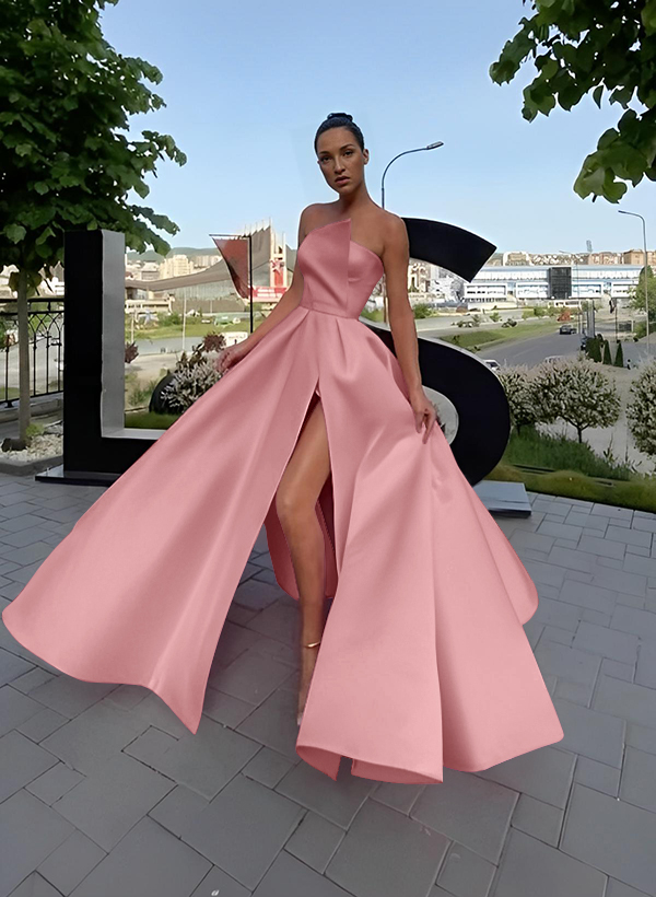 A-Line Short Sleeveless Satin Floor-Length Prom Dress