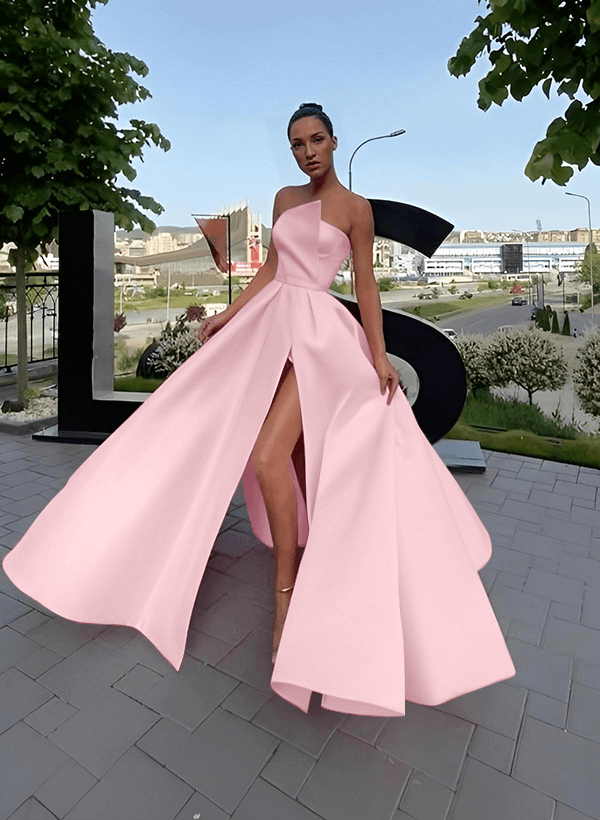 A-Line Short Sleeveless Satin Floor-Length Prom Dress