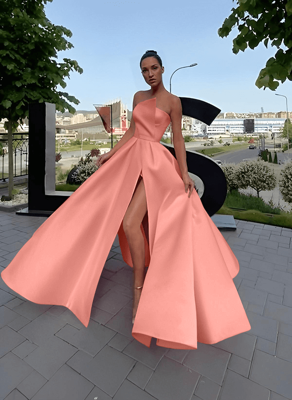 A-Line Short Sleeveless Satin Floor-Length Prom Dress
