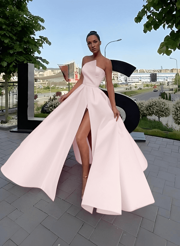 A-Line Short Sleeveless Satin Floor-Length Prom Dress